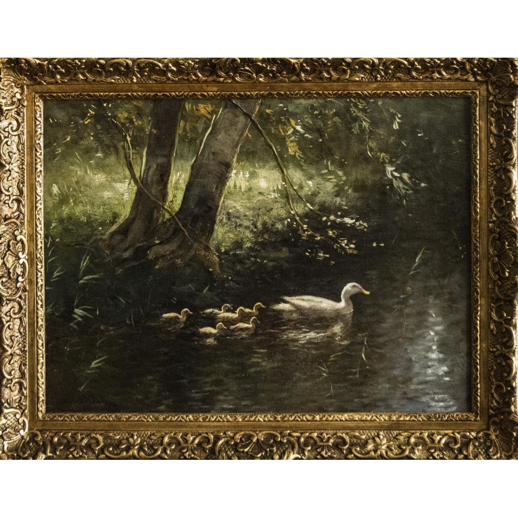 Peisaj cu familie de rate pe râu - Constant David Ludovic Artz - imagine 2