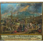 Crucificarea, Hristos pe Calvar si procesiune festivă. Litografie secol 17 scoala germana