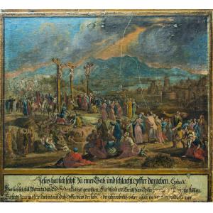 Crucificarea, Hristos pe Calvar si procesiune festivă. Litografie secol 17 scoala germana