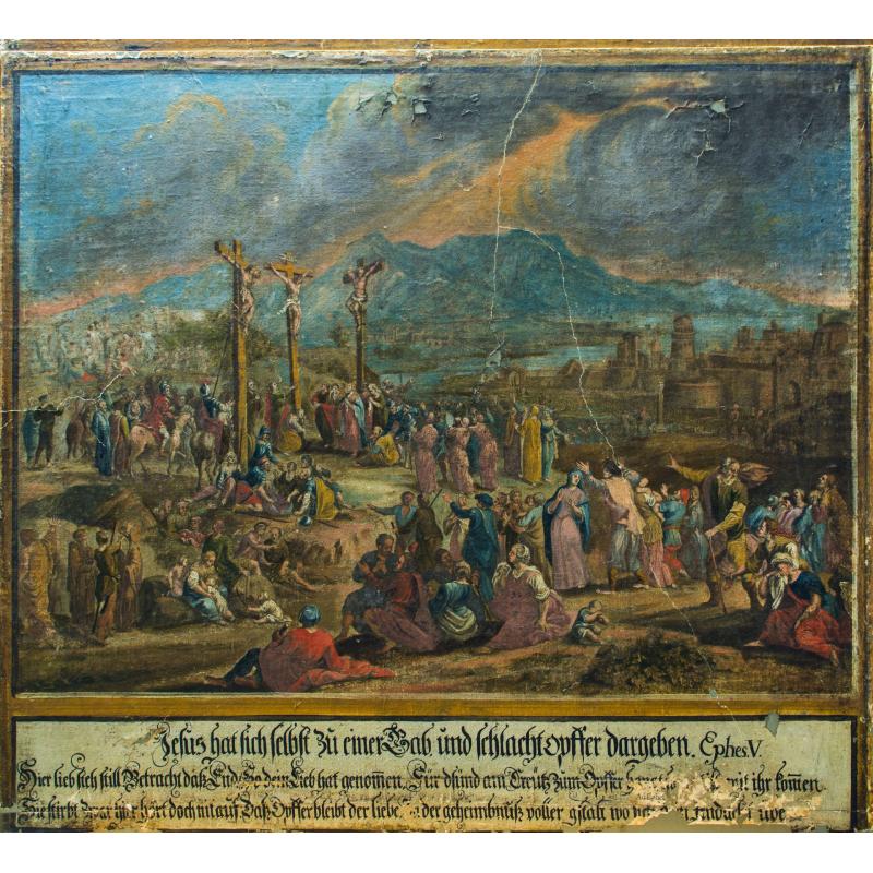 Crucificarea, Hristos pe Calvar si procesiune festivă. Litografie secol 17 scoala germana