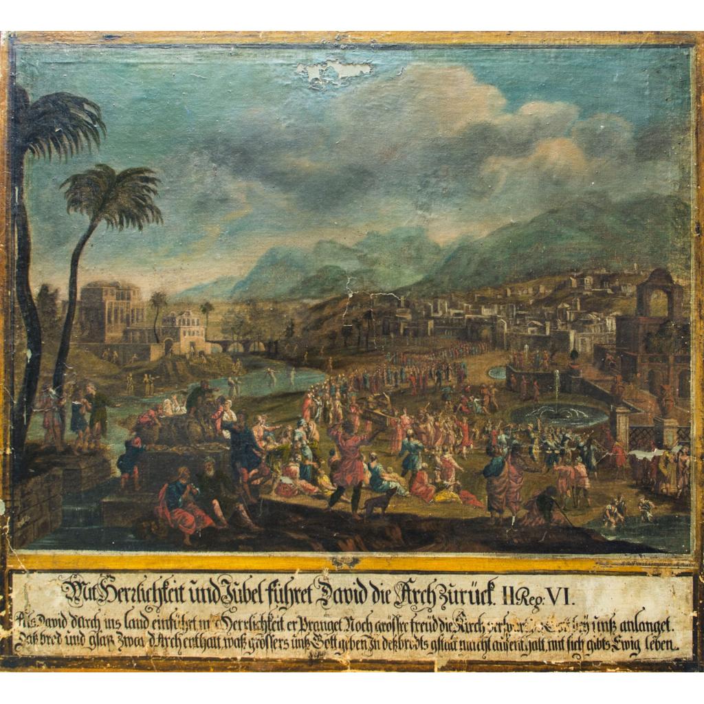 Crucificarea, Hristos pe Calvar si procesiune festivă. Litografie secol 17 scoala germana