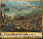 Crucificarea, Hristos pe Calvar si procesiune festivă. Litografie secol 17 scoala germana