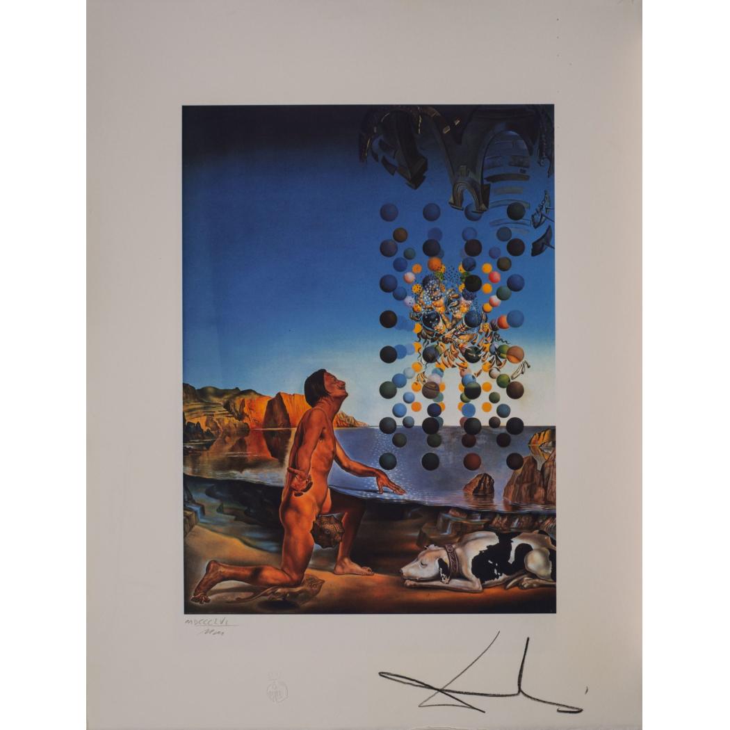 Dali, nud, încântat în contemplarea a cinci corpuri regulate metamorfozate în corpusculi, în care apare brusc „Leda”, cromozomatizată de chipul lui Leona - Salvador Dali